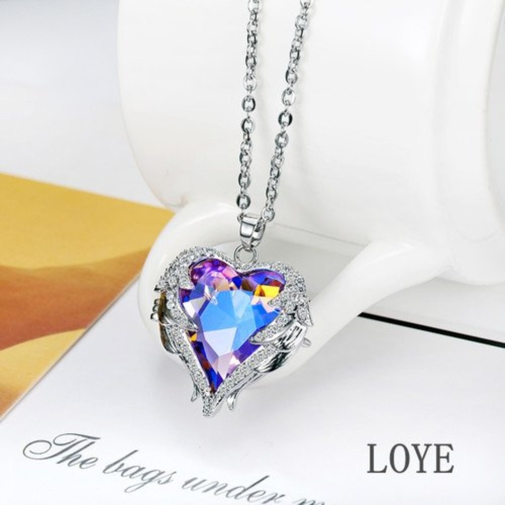 Angel Wings Crystal Heart Pendant Necklace Purple